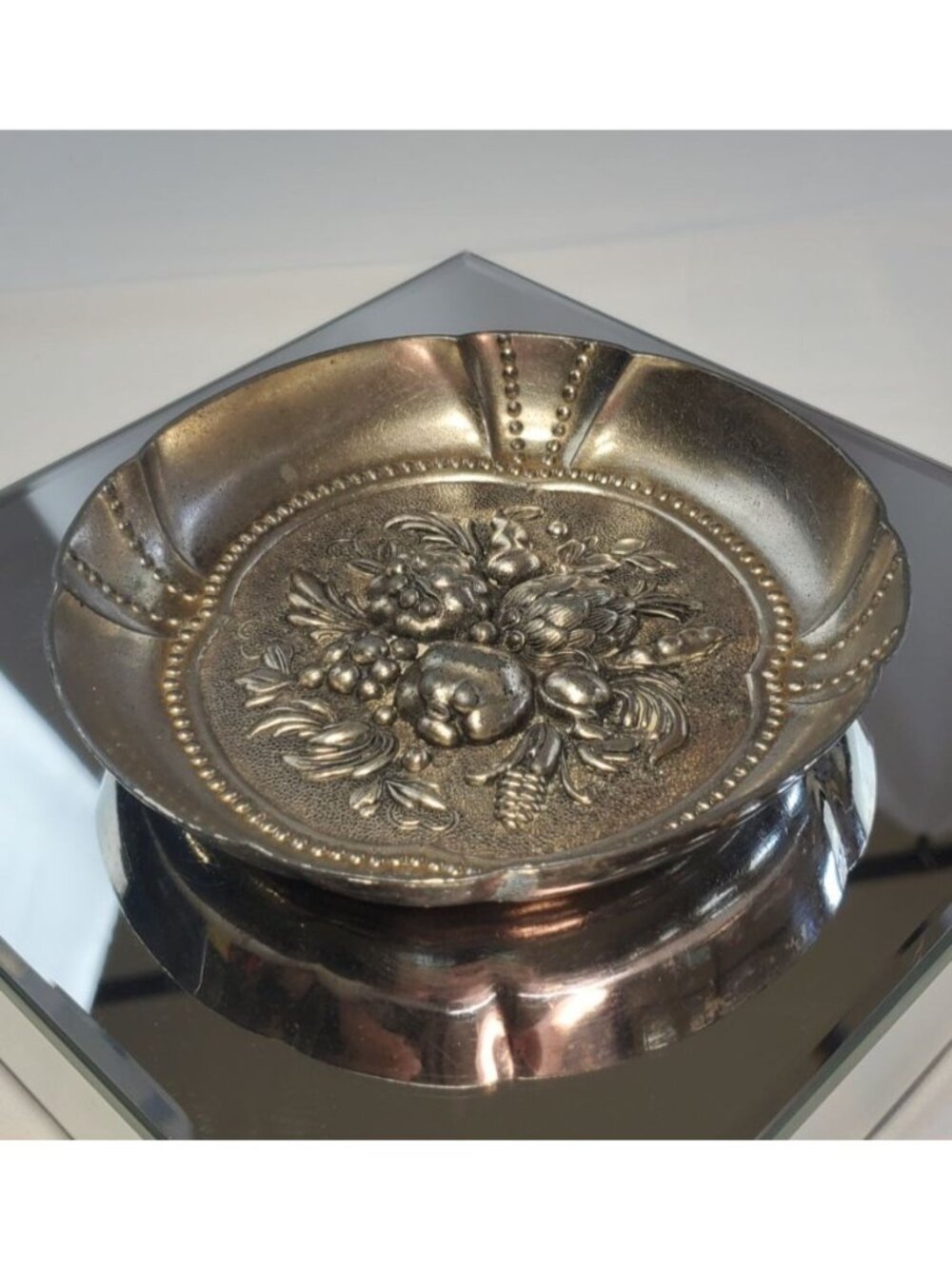 Vintage Metal Repoussé Fruit Bowl Embossed Botanical Scalloped Centerpiece Dish